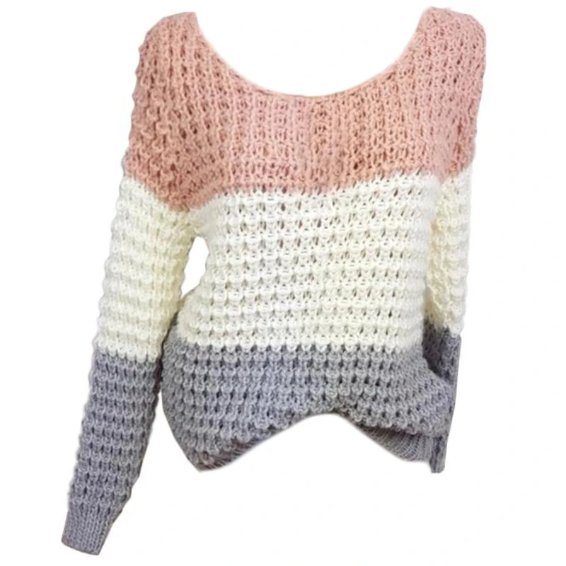 

Women Autumn Chunky Crochet Knitted Sweater Long Sleeve O-Neck Loose Pullover Tops Triple Color Block Patchwork Casual H05D