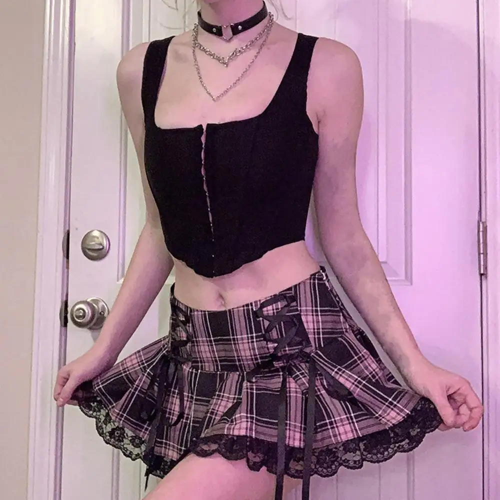 

60% Dropshipping!Sexy Women's Mini Skirt Mid-waist Plaid Lace TrimLace-up PleatedZipper Cosplay Y2K