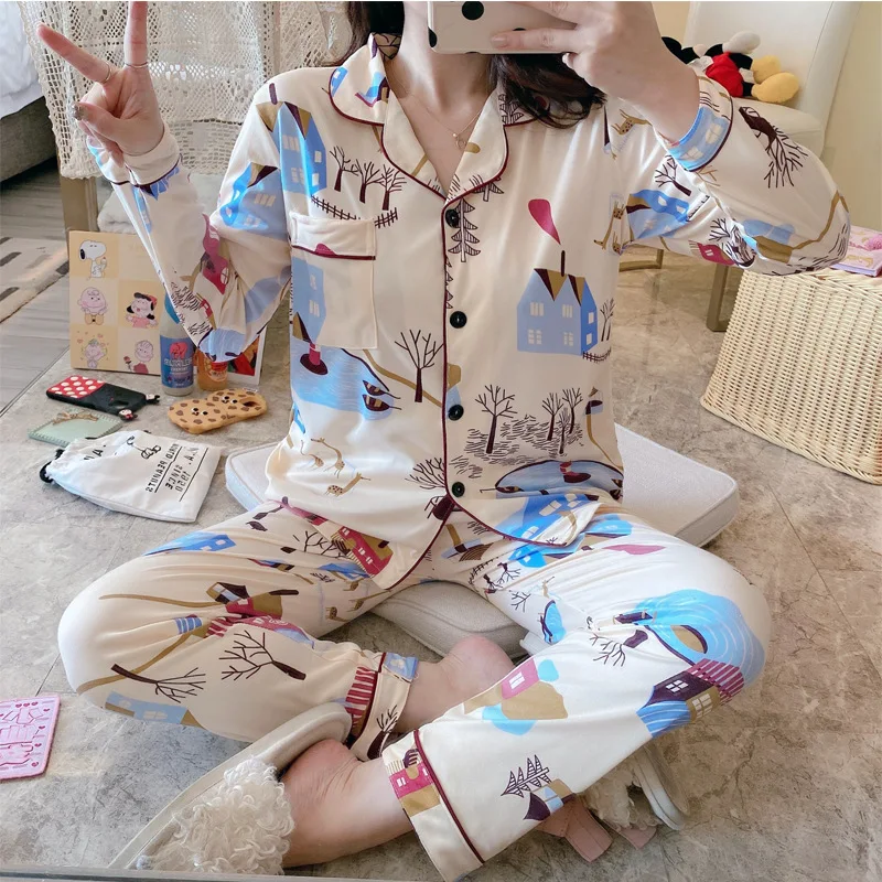 

SLPBELY Women Pajamas Turn-Down Collar Pure Cotton Trousers Long Sleeve Plus Trousers 2-Piece Set Pajamas Comfortable Pyjamas