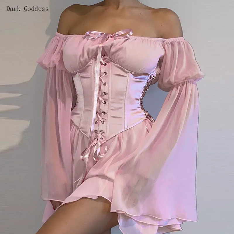 

Женское шифоновое мини-платье, розовое Элегантное расклешенное платье с длинными рукавами, открытыми плечами и шнуровкой, сарафан на брете...