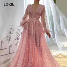 LORIE vestido de lujo para graduación, con cuello en V, con cuentas y perlas, mangas abullonadas, color rosa, para celebridades (1)