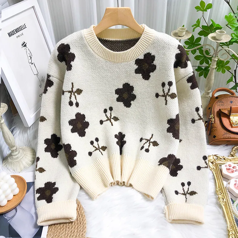 

Short Retro Japanese Sweater Women's Pullover 2021 Autumn Winter New Loose Round Neck Jacquard Knitted Top KK1403