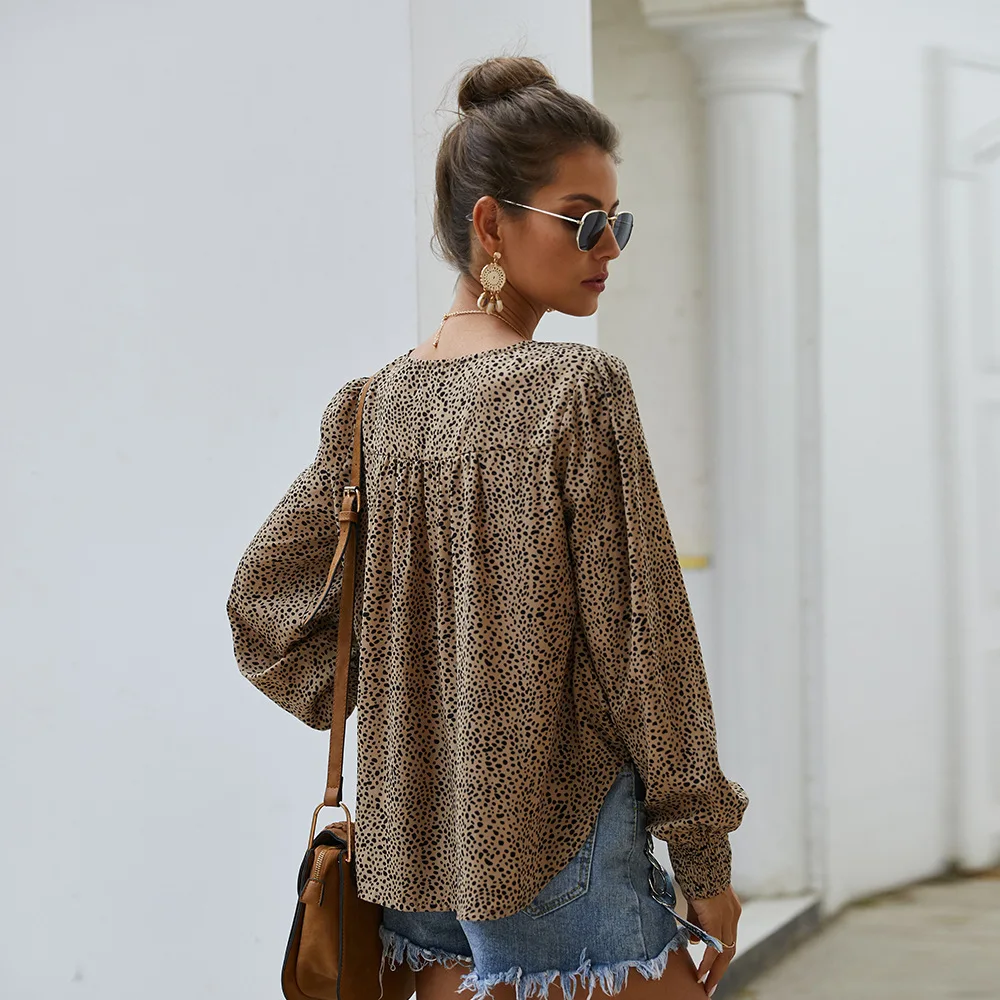 

2021 Trend Leopard Print Woman Tshirts Feminina Loose Waist Graphic Tee Vintage Folds Long Sleeve Shirts for Women Free Shipping