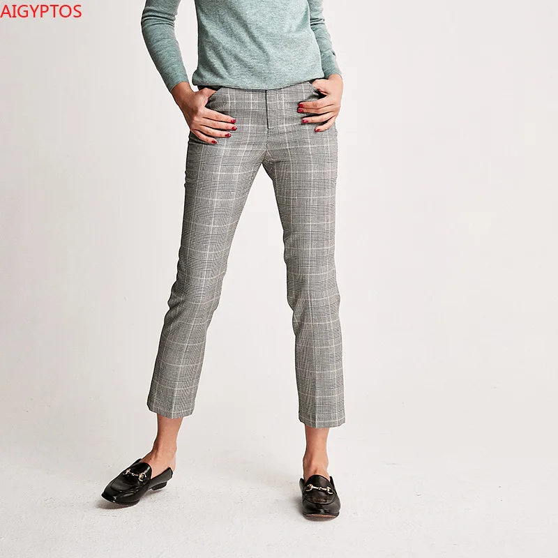 AIGYPTOS 2020 new plaid pants silk trousers wool plaid pants temperament simple nine-point pants mid-waist trousers