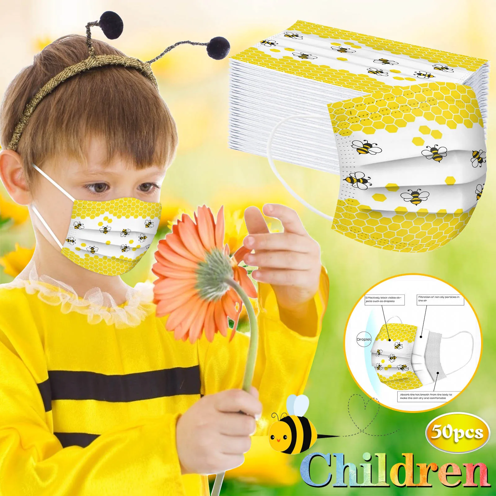 

Children's Bee Print Mask Disposable Face mask Protection Anti-dust Face Mask Earloop Mask Breathable mask Halloween cosplay