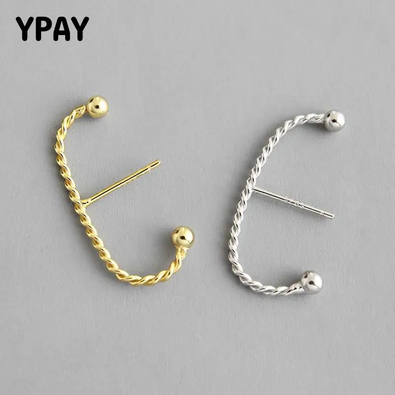 

YPAY 100% Pure 925 Sterling Silver Stud Earrings for Women Korea C Shaped Twisted Lines Bead Earring Brinco Fine Jewelry YME545