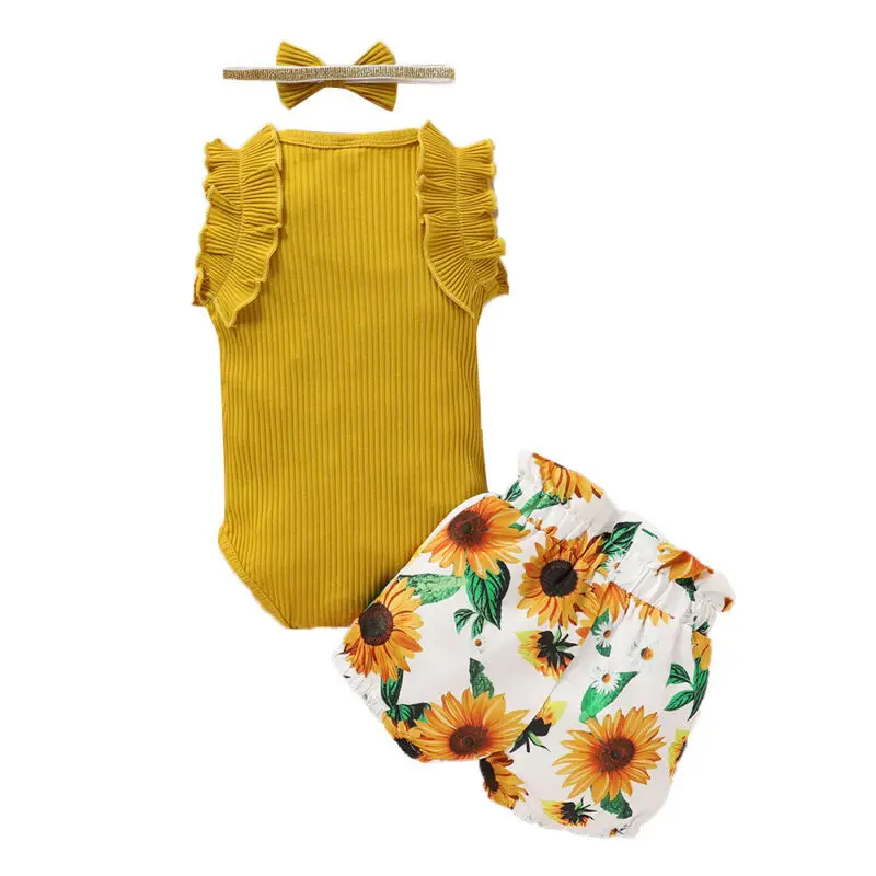 

Kids Toddler Baby Girls Outfits Romper Tops + Floral Shorts Set Infant Clothes