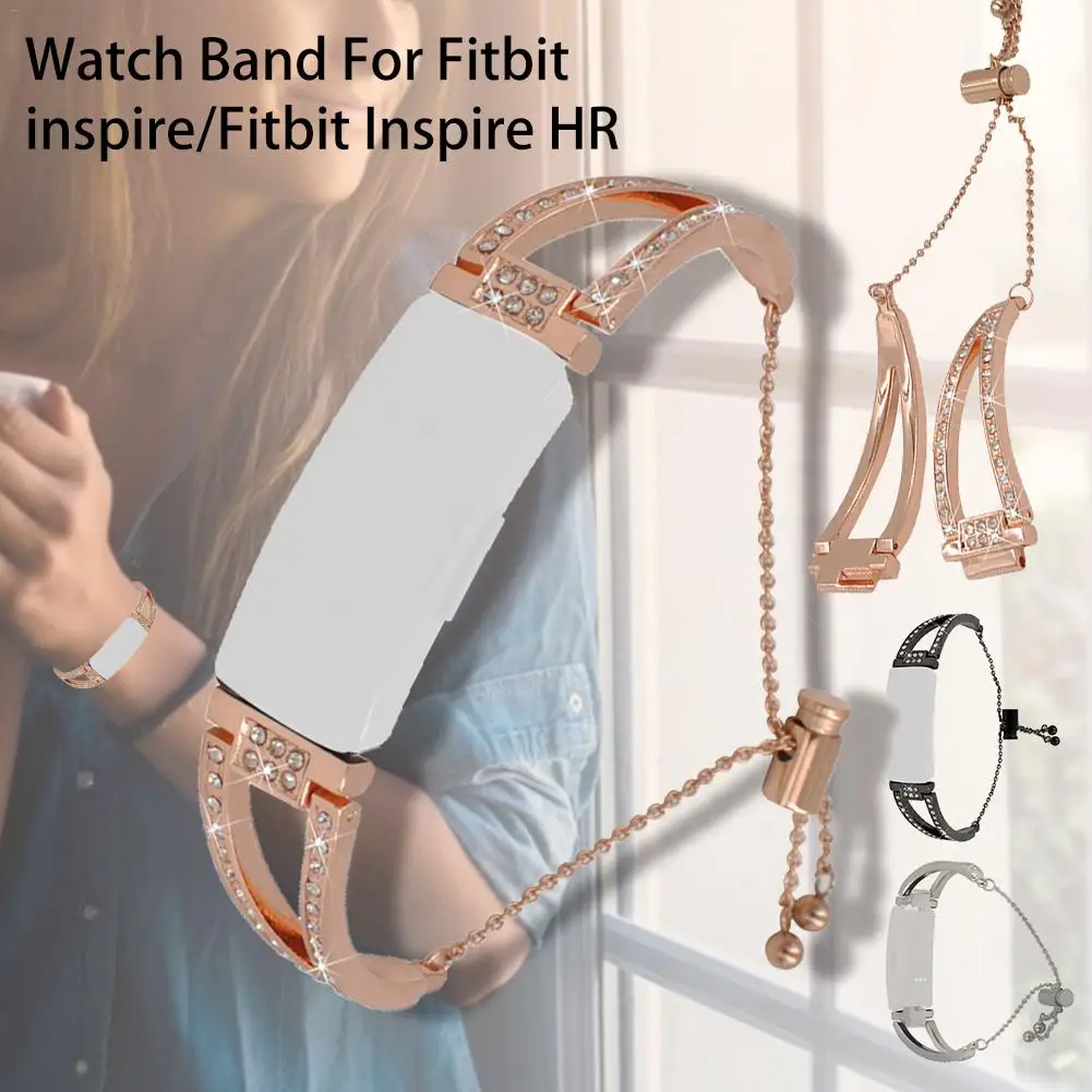 

Stainless Steel Rhinestone-Studded Metal Watchband For Fitbit Inspire HR Smart Bracelet Openwork Chain Wristband Accessories