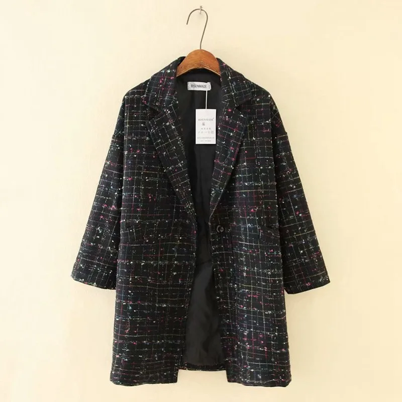 Женский шерстяной Блейзер большого размера верхняя одежда в клетку свободного