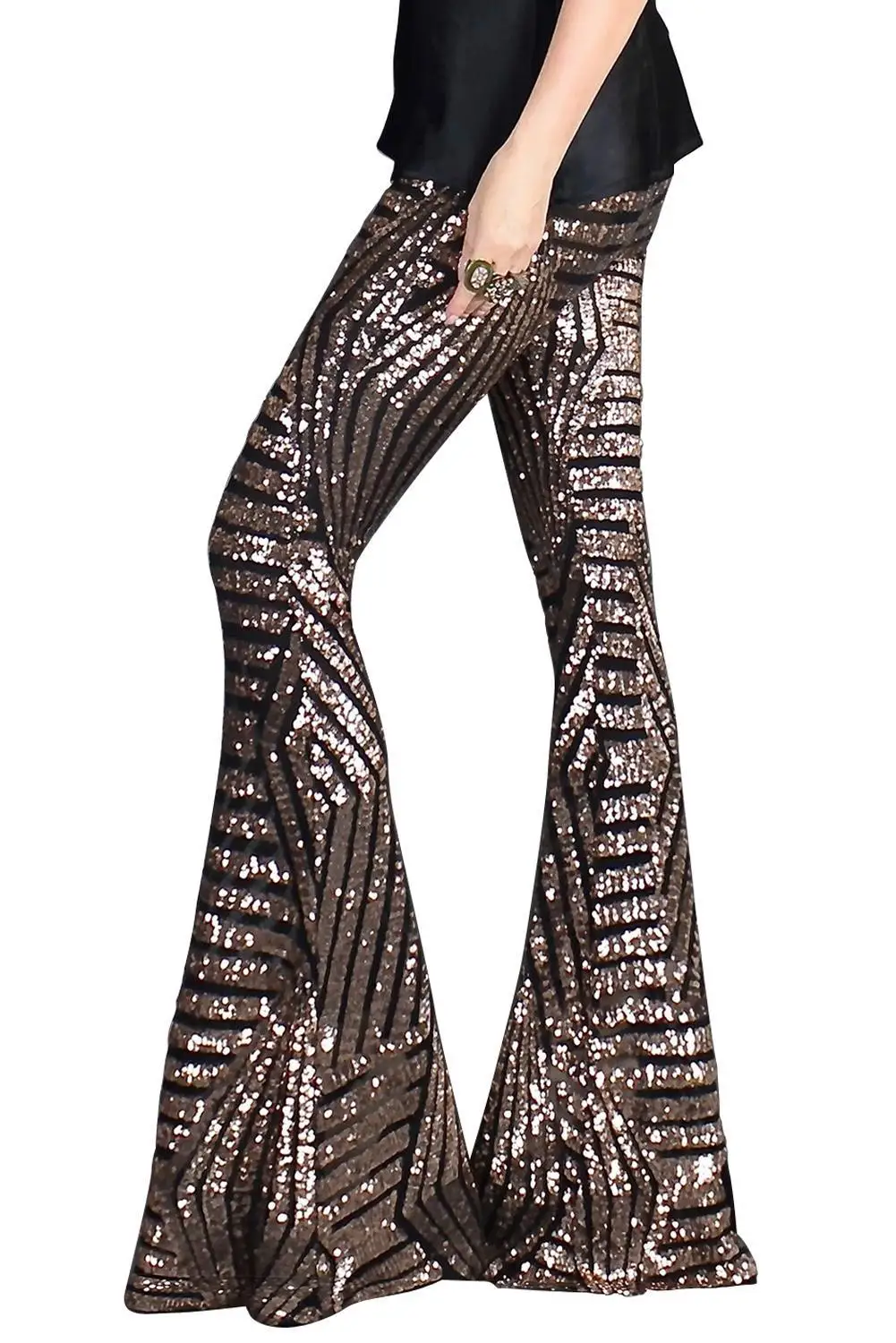 Женские широкие брюки с блестками абрикосовые/коричневые/черные высокой талией