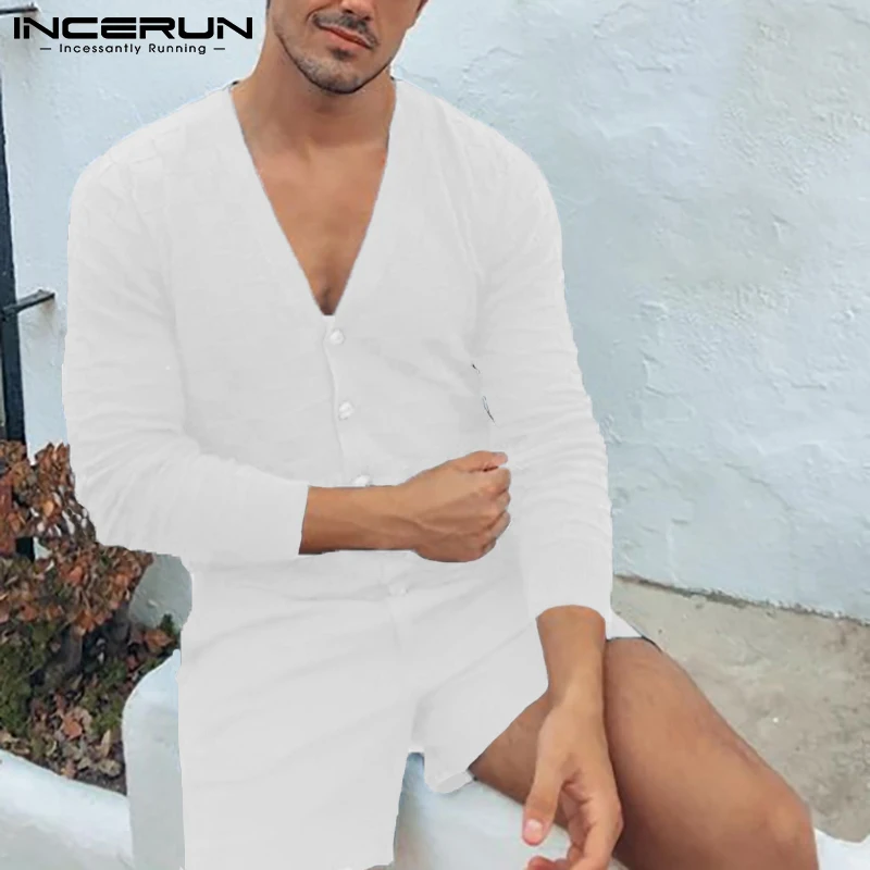 

Men Pajamas Rompers Solid V Neck Long Sleeve Button Homewear Comfortable Playsuit Leisure Men Sleepwear Jumpsuits S-5XL INCERUN