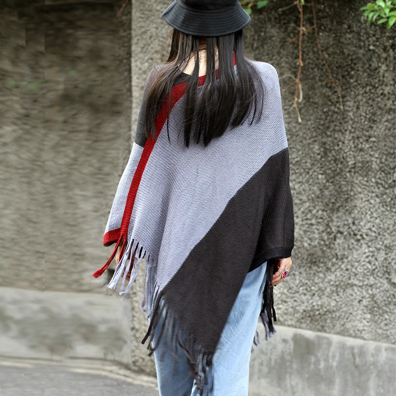 

Korean Long Tassel Shawl Large Grey Cloak Autumn Winter Women Wool Pashmina Patchwork Scarf
