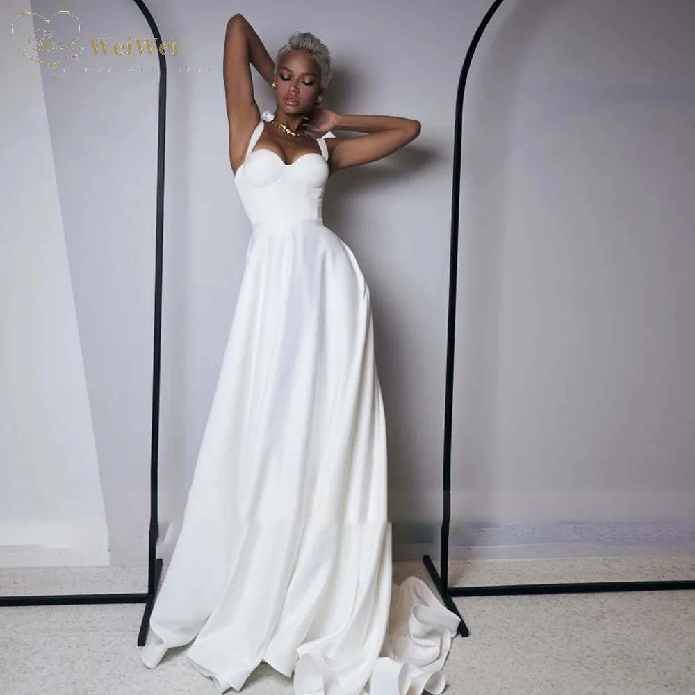

Sleeveless Sweetheart Neck Wedding Dress A-Line Bows Spaghetti Straps Floor Length Backless Simple Bridal Gown Vestidos De Novia