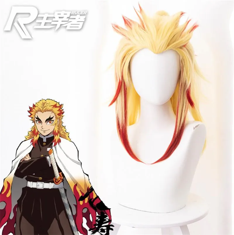 Rengoku Kyoujuro парик Kimetsu без Yaiba демон убийца Косплэй синтетические Жаростойкие