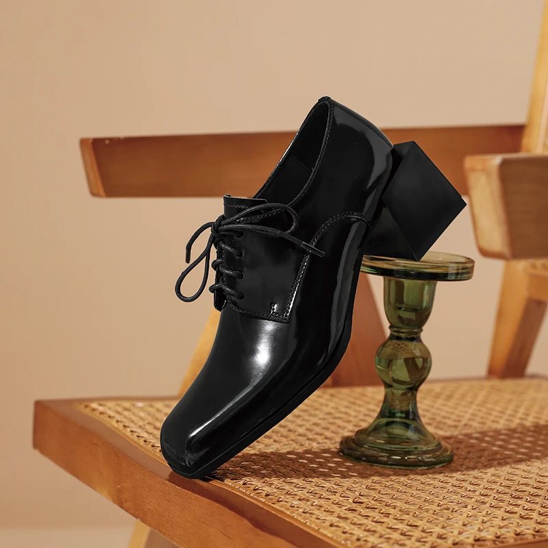 

Prova Perfetto Square Toe Patent Leather Office Ladies Shoes Concise Square heel Lace-Up Brogue Shoes High Quality Low Heels New