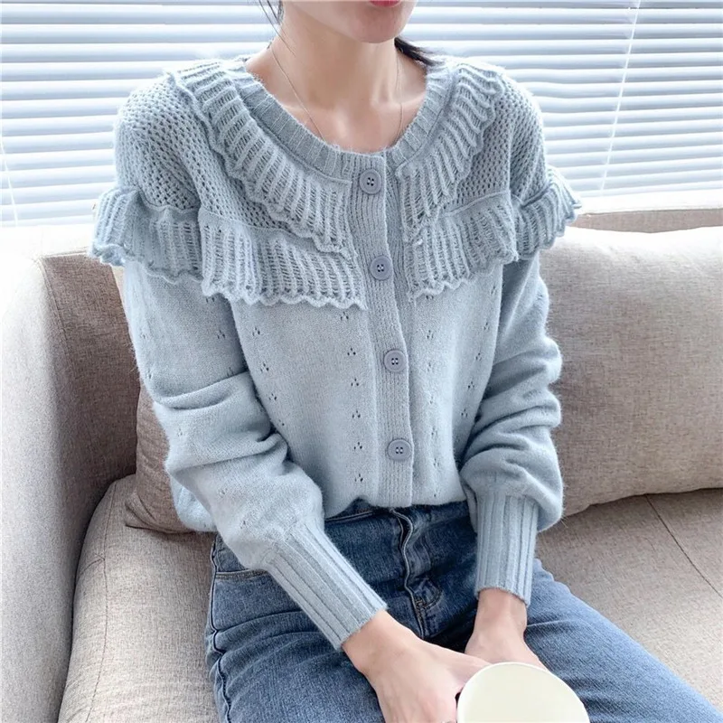 

Limiguyue Ruffles Long Sleeve Sweater Autumn Hollow Out Women Cardigans O-neck Knitted Jacket Coat Chic Crop Tops Knitwear K2538