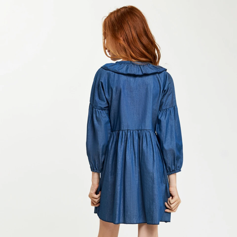 CupofSweet Ruffled Front Cropped Sleeves Denim Dress Shirt Girls Kids Clothing 2019 Fashion Long Casual Kid Girl Dresses | Детская