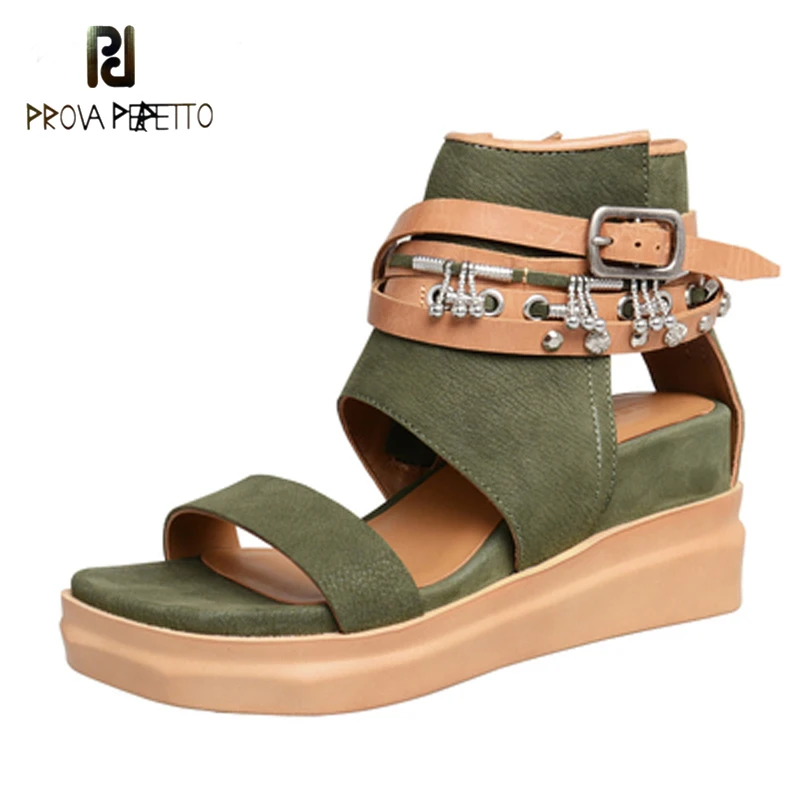 

Summer slope heel inner heightening sandals women's leather comfortable breathable rivet platform Roman fringe sandals women