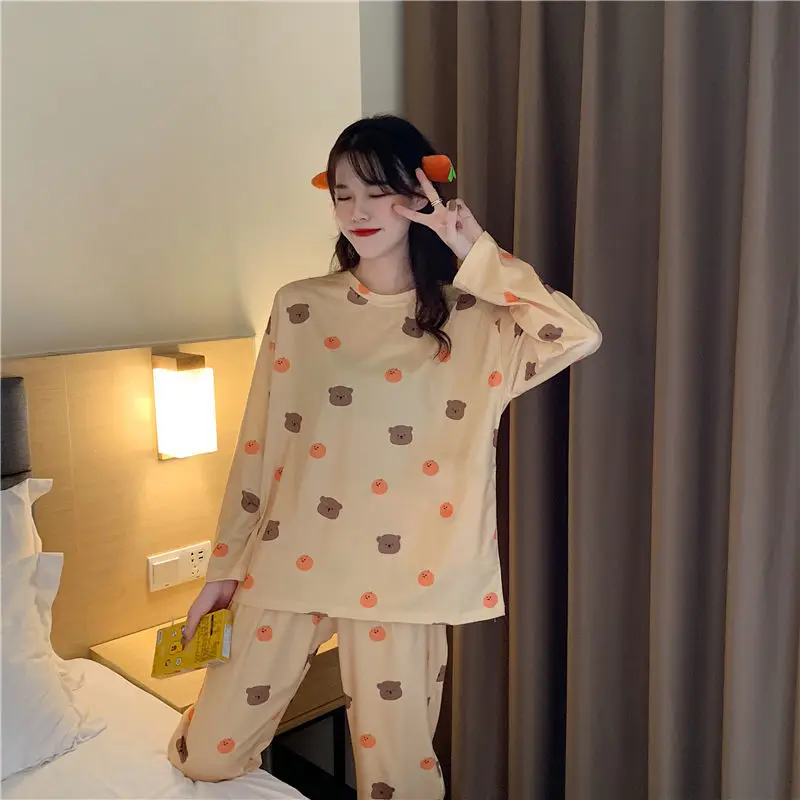 Pajamas for Women's Early Autumn New Long-sleeved Trousers Sleep Wear Cotton Cartoon Cute Spring Thin Sweet Home Service Suit