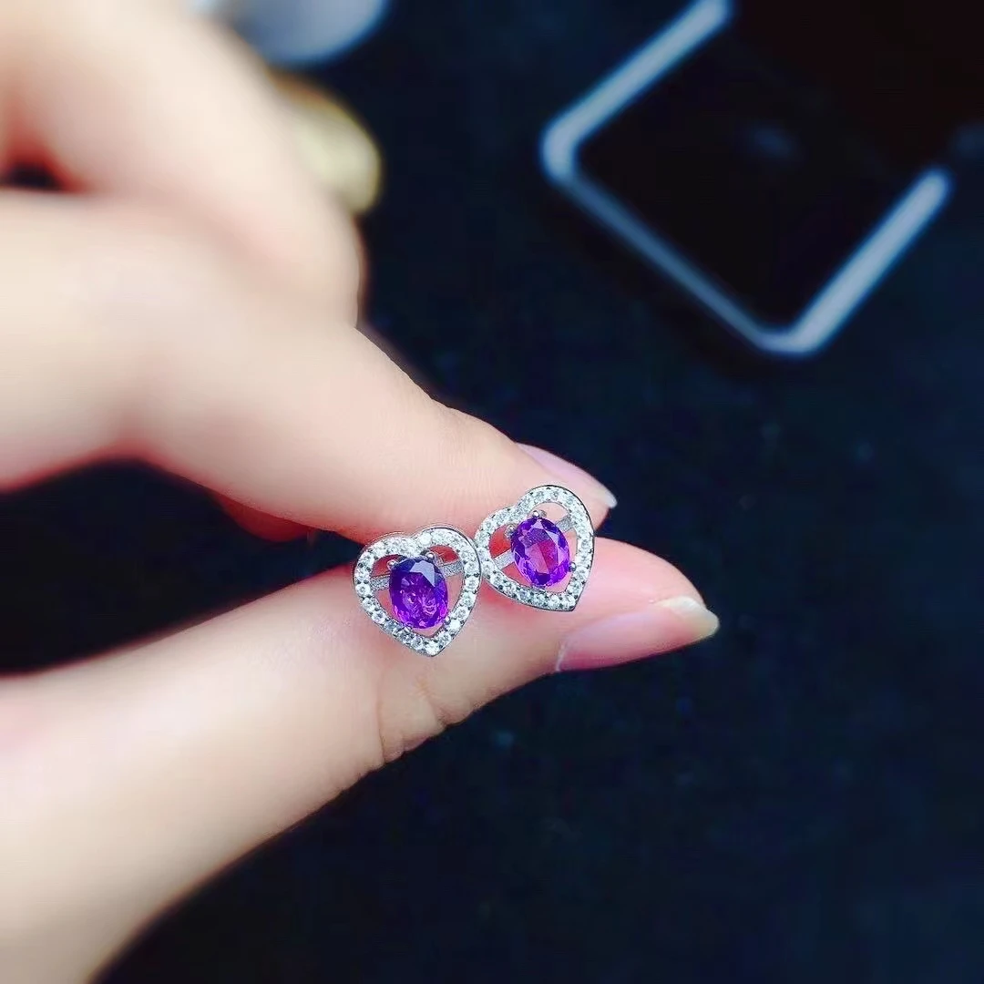

Romantic Silver Heart Stud Earrings 4mm*5mm VVS Grade Natural Amethyst Earrings Solid 925 Silver Amethyst Silver Earrings