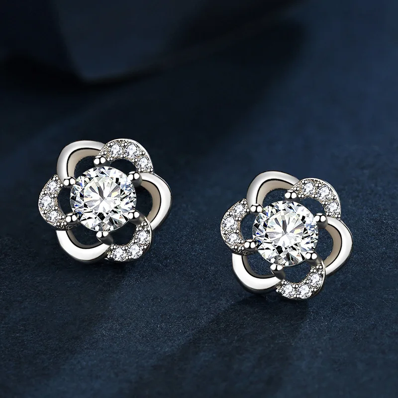

925 Sterling Silver Zircon Flower Piercing Stud Earrings For Women Girls Wedding Jewelry Pendientes eh1117