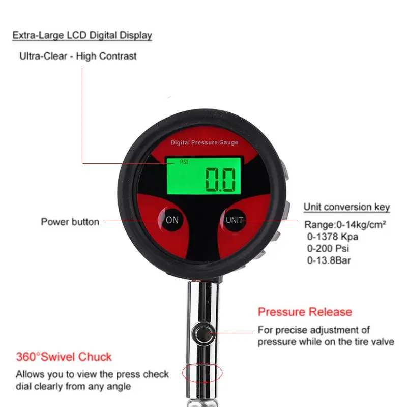 

LCD Digital Tire Air Pressure Gauge 200PSI High Accuracy Pressure Monitoring Tools Pressure Tester for Car Motorcycle Bicycle