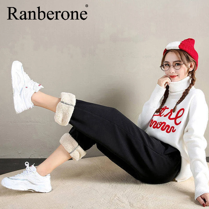 Ranberone Outdoor Plus Velvet Sweatpants Women's Casual Pants Winter Warm Harem Trousers Solid Color Fitness Leggings 2020