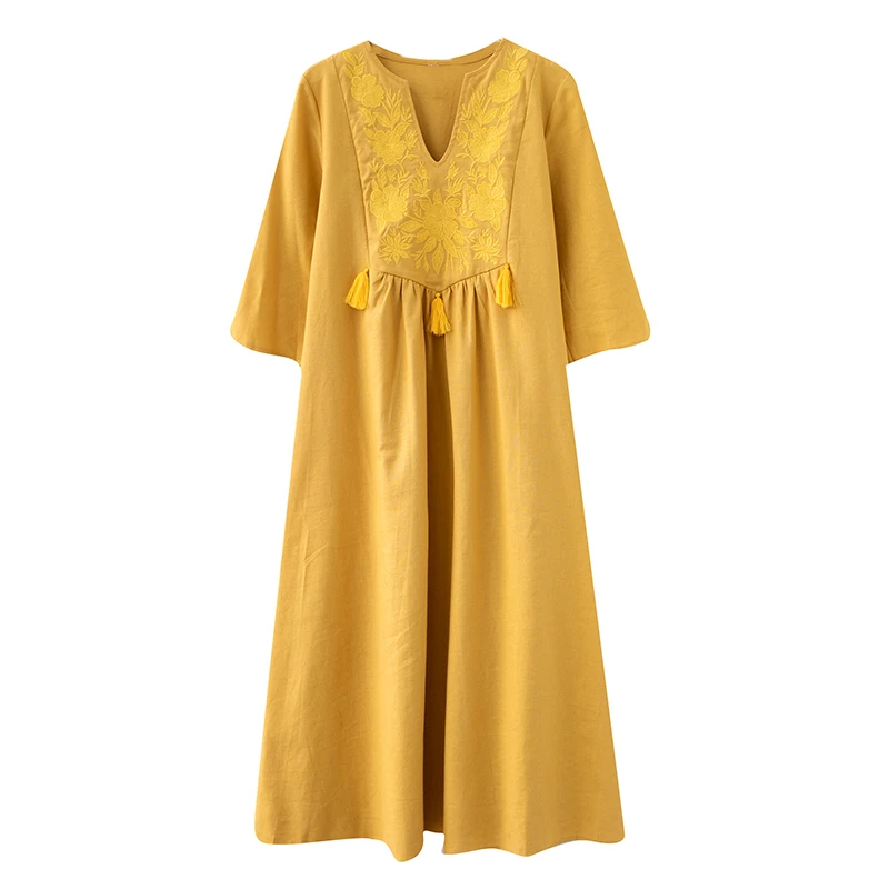 

COIGARSAM National Wind Cotton Linen Women dress Summer Vintage Loose Embroidery V-Neck Dresses White Yellow 8055