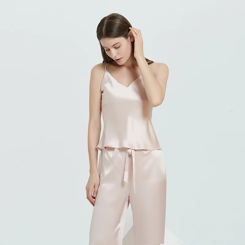 Sexy 2PCS Pajamas Suit Female 100% Silk V-neck Suspender Tops&pants Pijamas Loose Sleeveless Sleep Set Casual Home Clothing