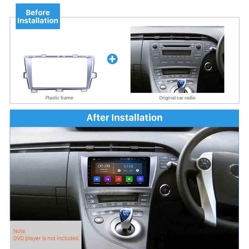 Harfey 2 din Silver Frame 9 inch Plate for 2010 Toyota Prius RHD Audio Dash Trim Fascia Panel Kit Head Unit Car Refitting Stereo |