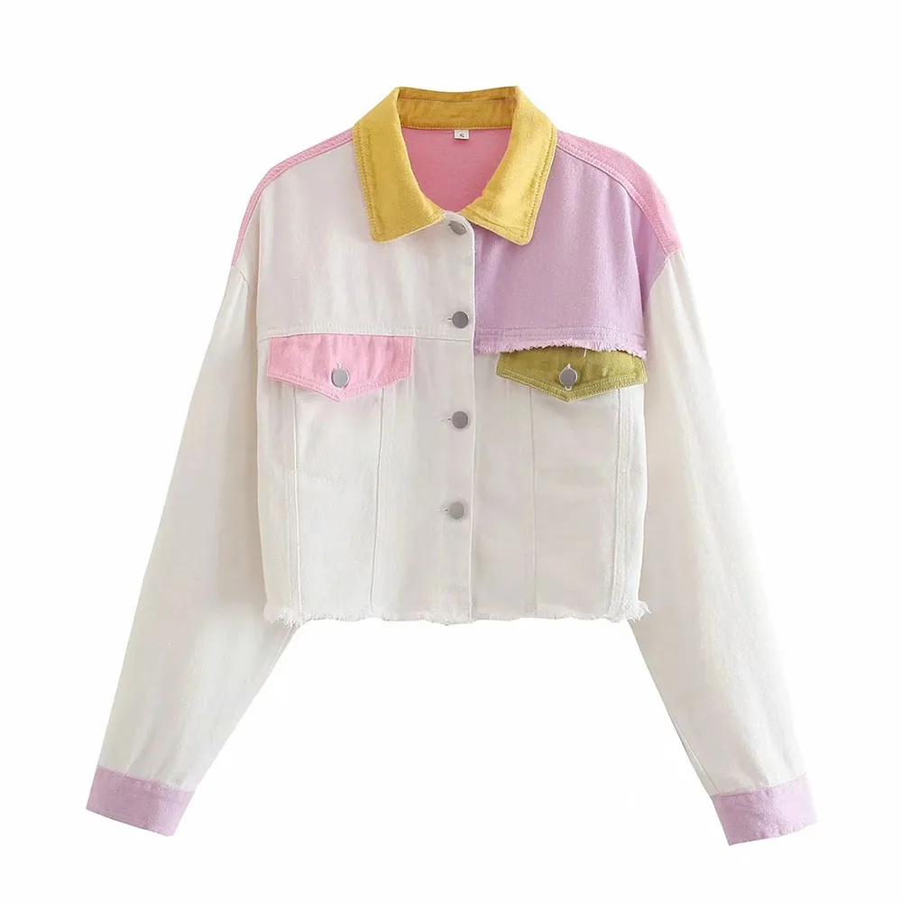 

Color Matching Lapel Casual Sweet Simple Color Block Patchwork Short Loose Lapel 2021 Spring Autumn New Fashion Woman Jackets