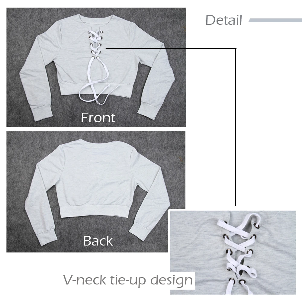 

NURMOD Fashion V-Neck Tie-Up Women Top Tees Long Sleeve T Shirt Grey Solid Cotton Short Tee Lady Girls Tops Spring Autumn