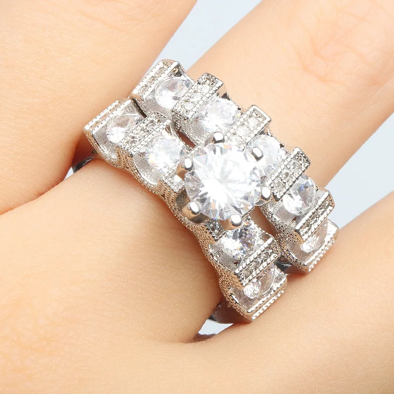 

Luxury Female White Cubic Zirconia Wedding Ring Set Fashion S925 Silver Jewelry Promise Engagement Rings For Women