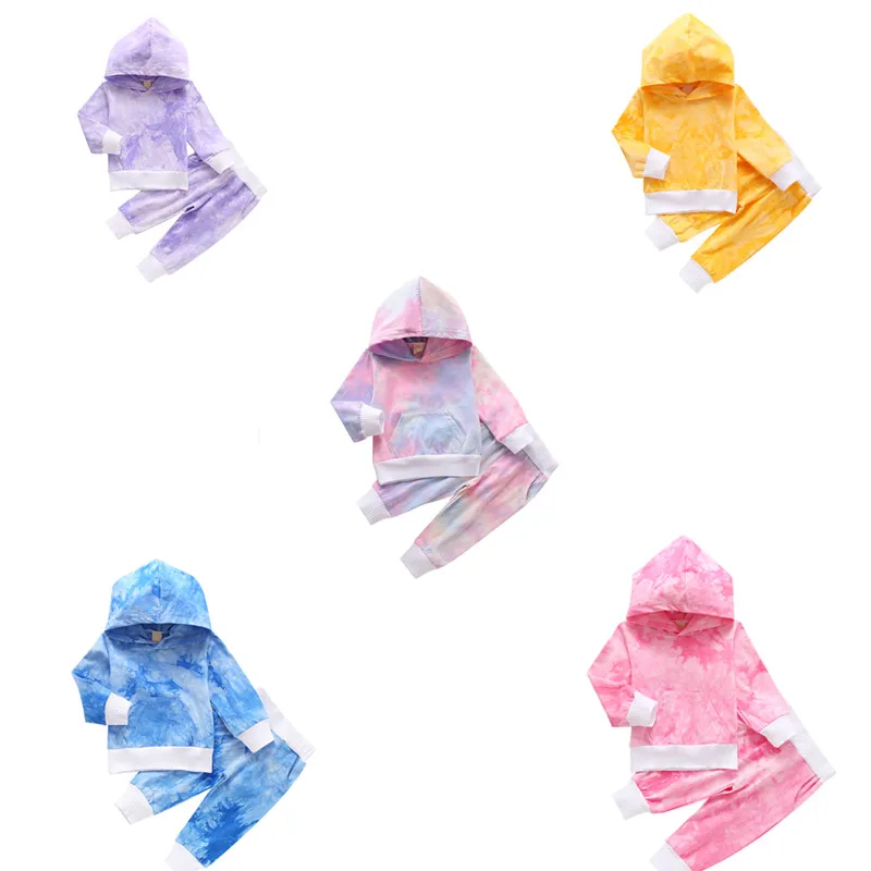 2020 Baby Girl Hoodie Set Tie Dye Printed Long Sleeve Casual Kangaroo Pocket+Pants Outfits Fall Clothes | Детская одежда и обувь