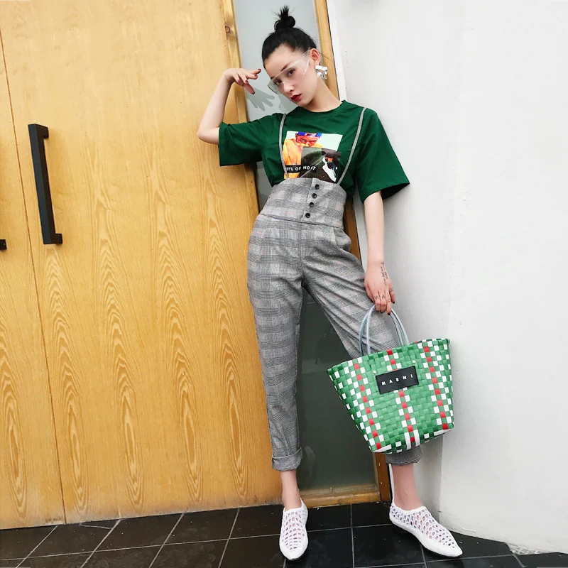 Шаровары женские 2019 винтажные клетчатые брюки с девятью минутами на лямках