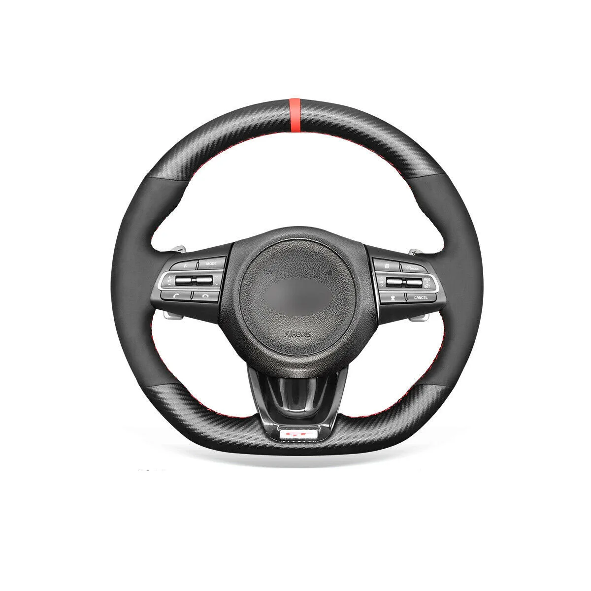 

Ручная строчка из черного углеродного волокна и замши для Kia Stinger (GT) 2018-2021 (рулевое колесо D-образной формы)