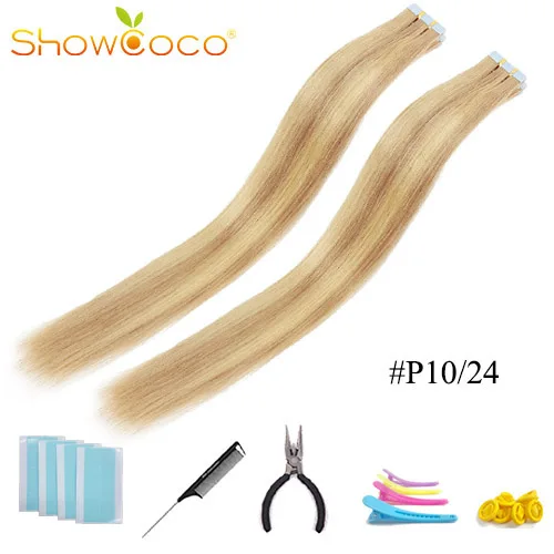ColorP10 24 -40 Pcs ShowCoco лента в Пряди человеческих волос для наращивания натурального волос 20/40 шт, смешанные цвета, Цвет горячие головы для наращивания блеск коричневого до блондинка ленточных накопителей - Цвет: ColorP10 24 -40 Pcs