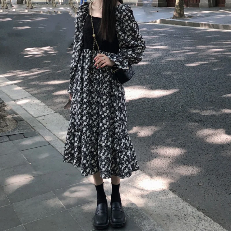 

Women's Patchwork Floral Chiffon Long Sleeve Dress Autumn Waist-Tight Elegant Gentle Sweet Bottoming Skirt Rac