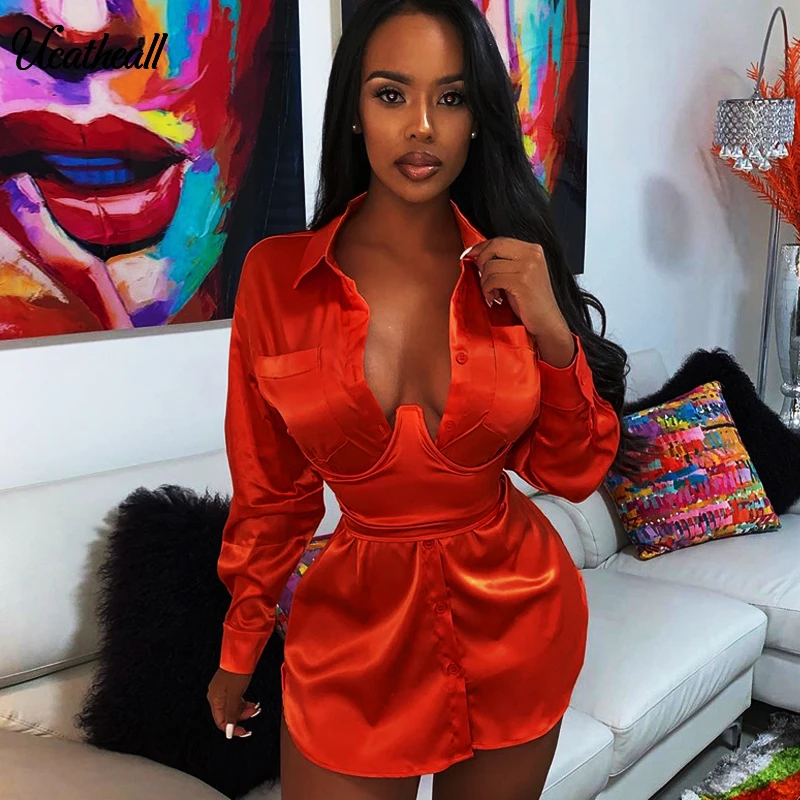 Женское атласное платье с длинным рукавом Осеннее офисное поясом сексуальное