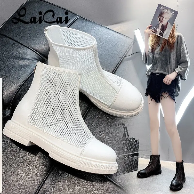 

LaiCai Breathable Mesh Thick-heeled Short Boots 2021 New Women's Spring/summer Leather Thick-soled Hollow Martin Boots Sandals
