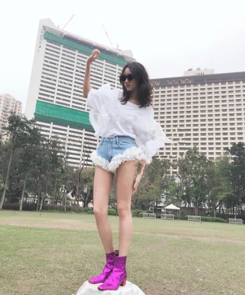 Женские джинсовые шорты с оборками WHITNEY WANG дизайнерские из джинсовой ткани