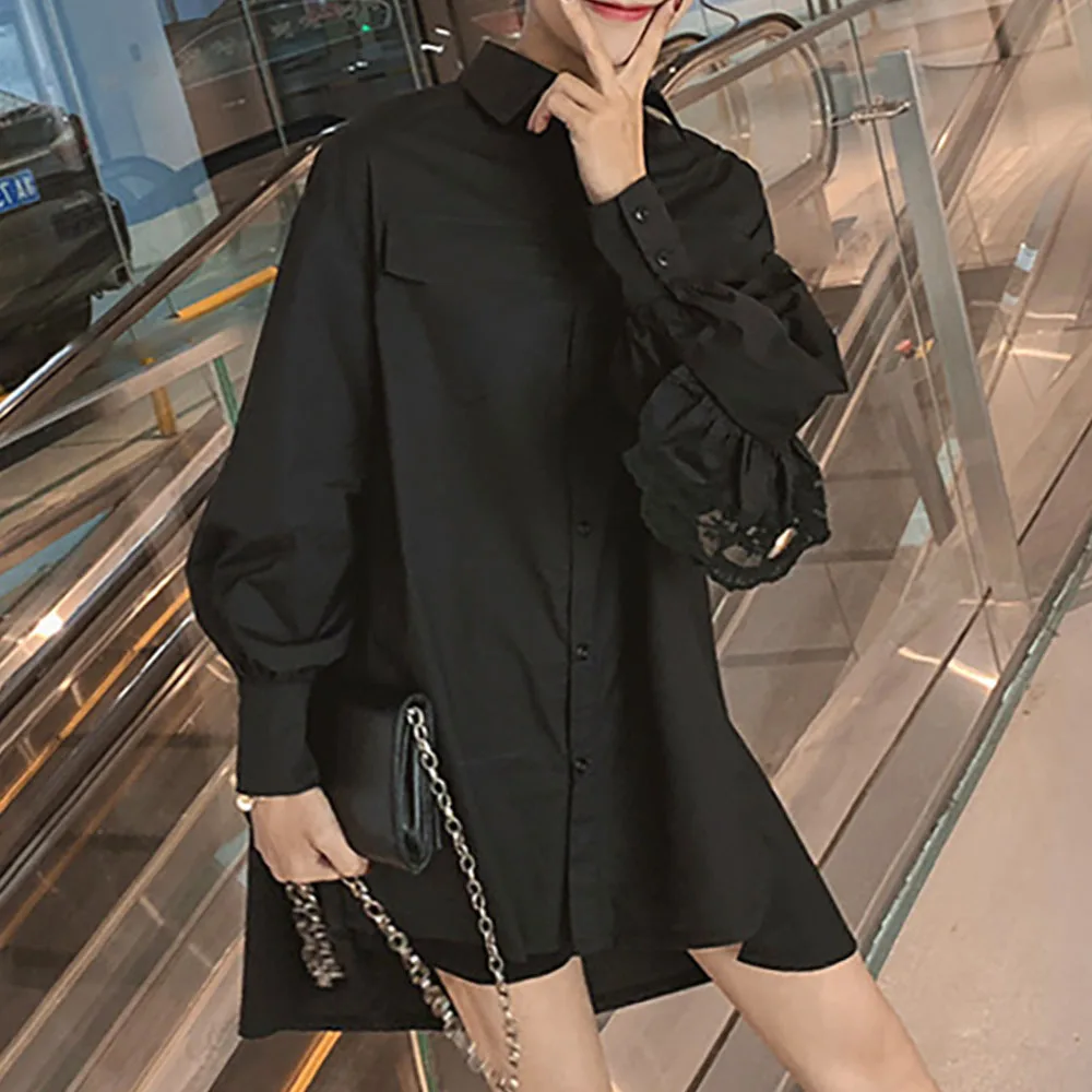 Женская белая черная рубашка с длинным рукавом Корейская шикарная кружевная