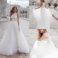 high neck soft tulle lace a line wedding dresses pleated bridal gowns sleeveless beach long wedding wear for ladies fashionable