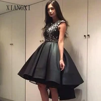 robe de soiree black homecoming dresses satin o neck sleeveless high low short party gowns homecoming dresses