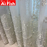 delicate white pearl sheer voile luxury embroidered tulle curtains for living room romantic gold wire line wedding decor m201 5