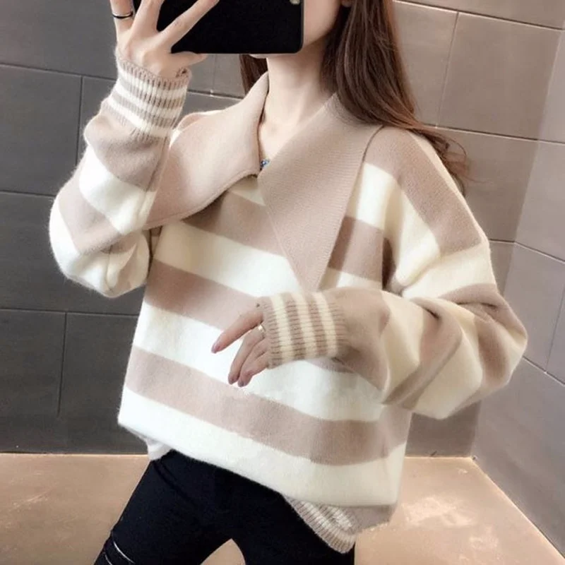 

Women pullover Sweater female autumn new Japanese cute INS big lapel loose long sleeve student casual sweater female clothing