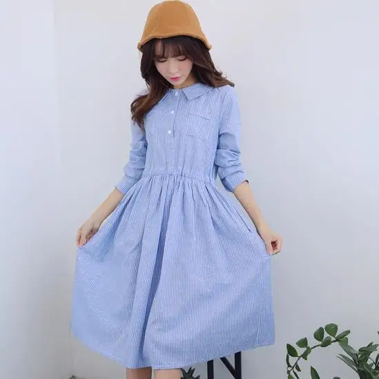 Женское платье рубашка с длинными рукавами хлопковое винтажное в синюю полоску