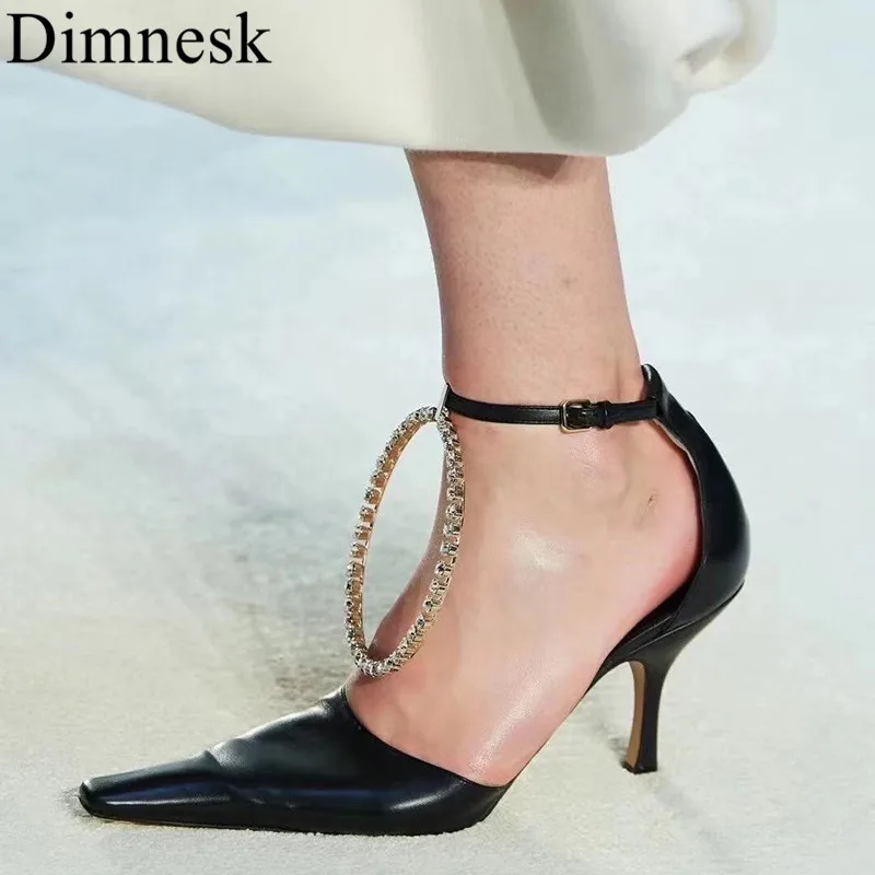 

Pointed Toe Thin High Heel Shoes Women Genuine Leather Crystal Ring Ankle Buckle Pumps Sexy Party Dress Shoes Summer Sandals