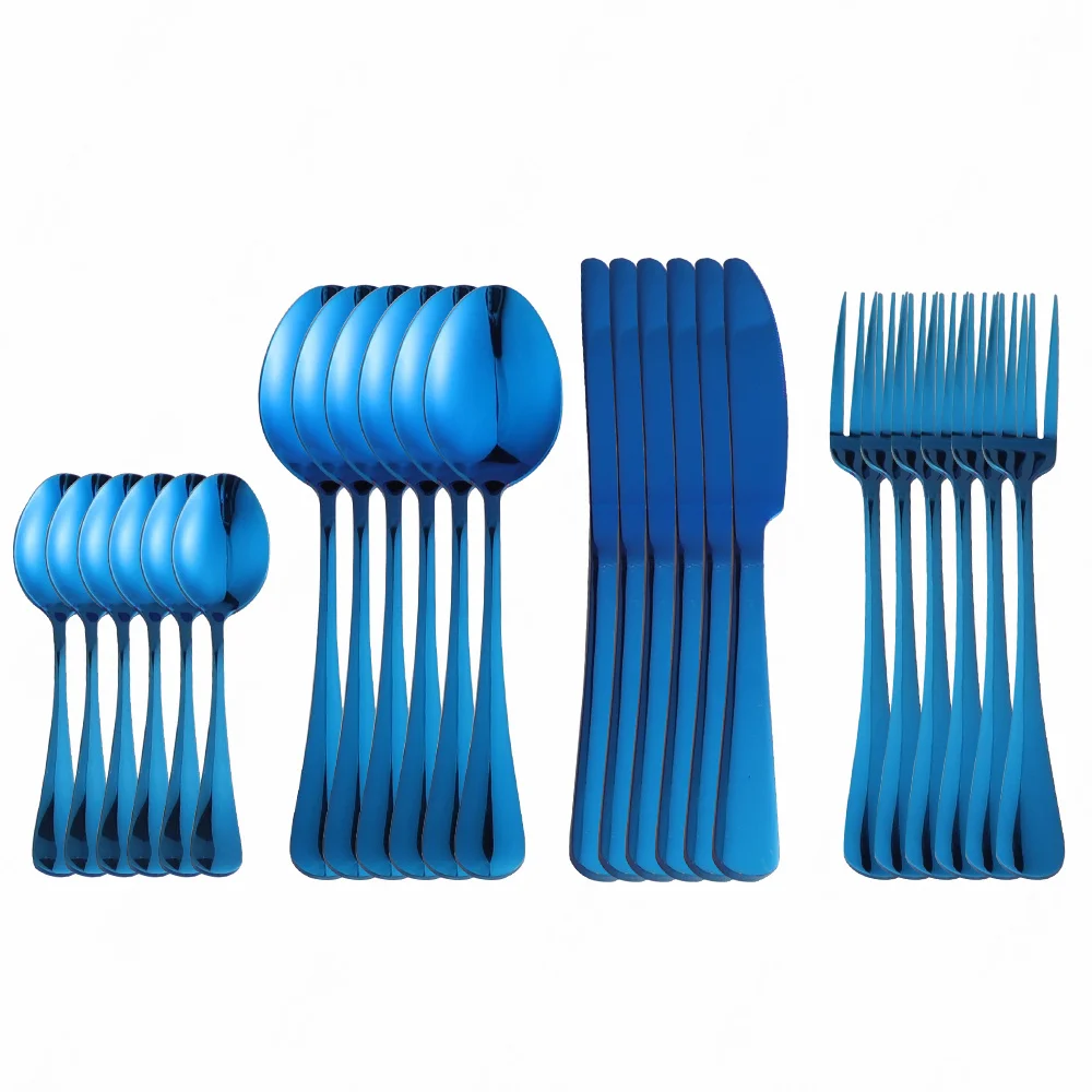 

24 Pcs Blue Fork Knife Spoon Cutlery Set Mirror Western Dinnerware Set Stainless Steel Kitchen Flatware Wedding Tableware Safety
