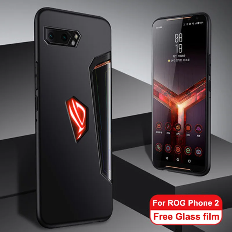 Для Asus ROG Phone 2 Case ZS660KL Мягкие силиконовые защитные чехлы+ стеклянная Защитная пленка для Asus ROG Phone II ROG2 Тонкий чехол - Цвет: Черный